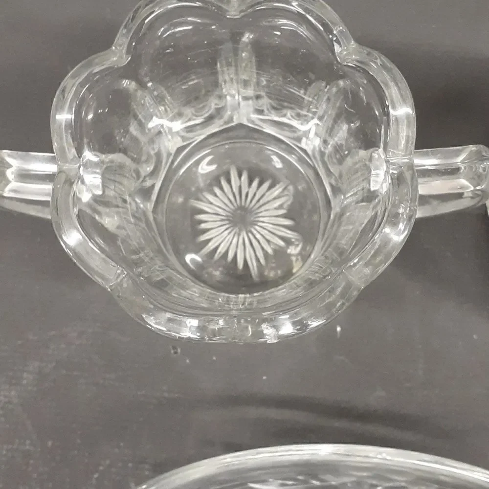 3 pc etched‎ floral crystal sugar/creamer, & sm. dish with bottom star design